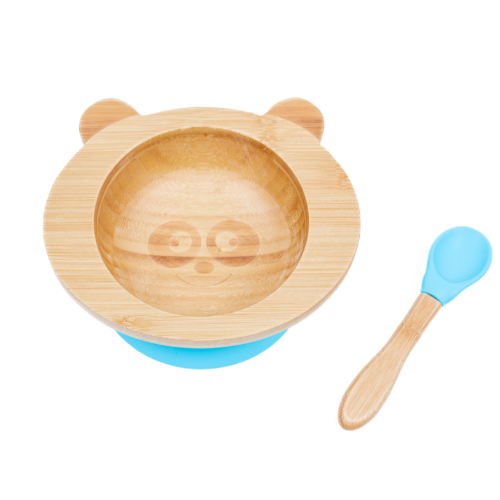 Cap Bambou -- Set de repas bébé bambou + silicone bleu (bol + cuillère)
